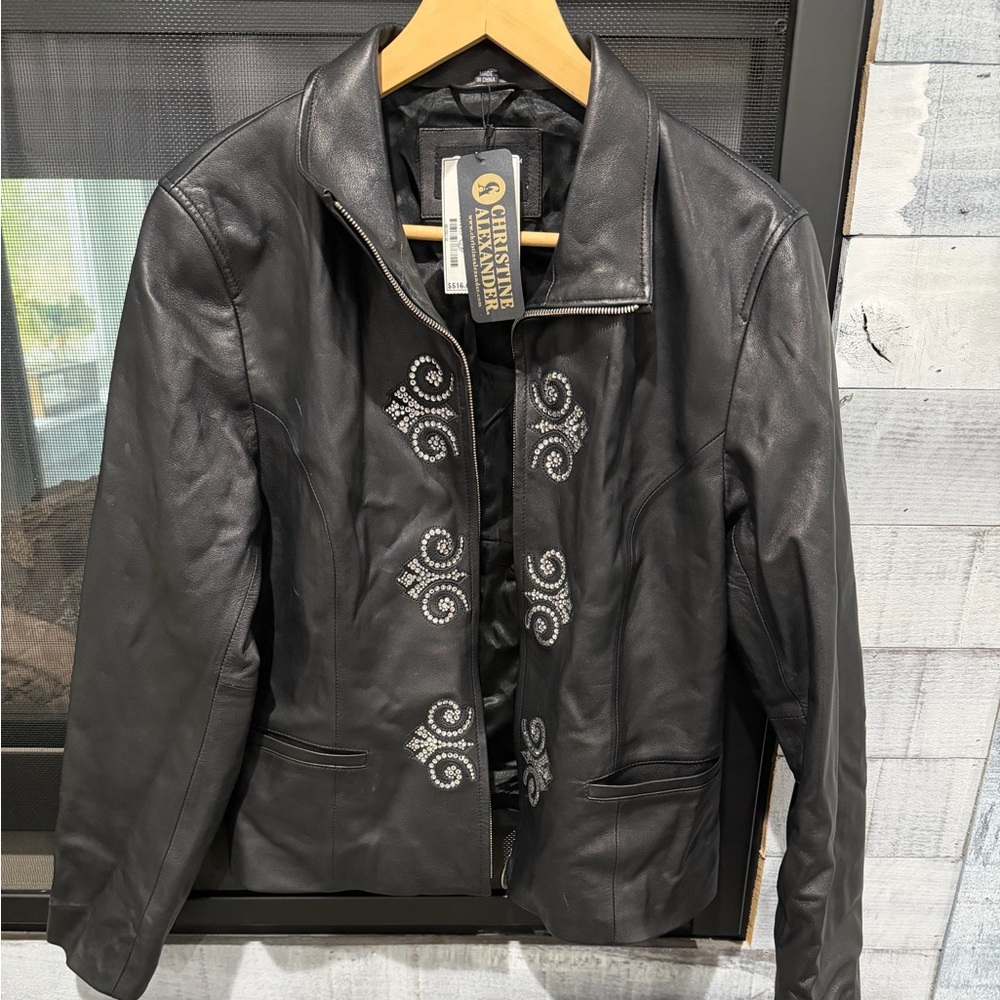 Christine Alexander Black Leather Jacket with Silver Accents